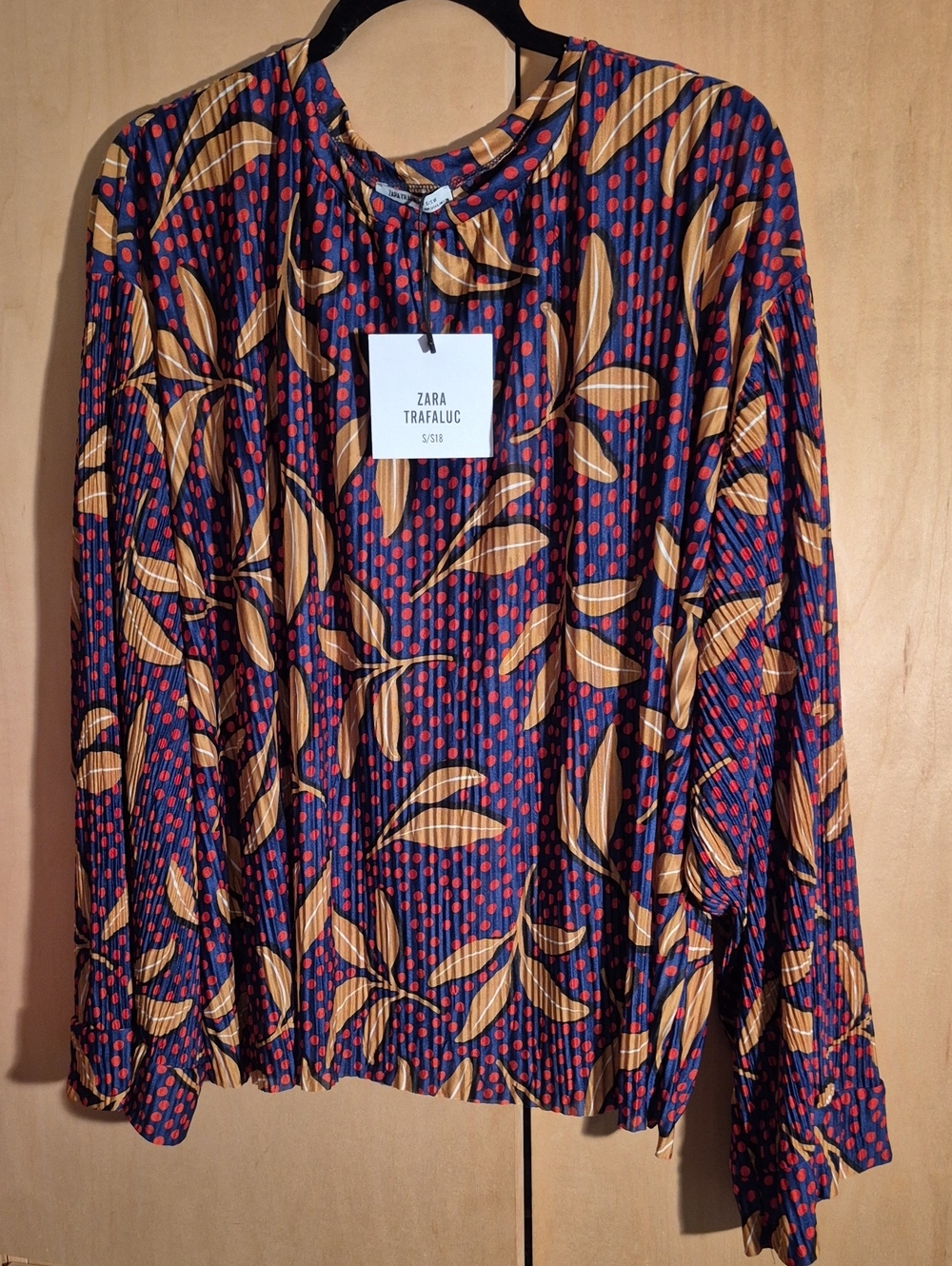 NwT- Zara Navy Blue Long-Sleeve Shirt with Gold Leaf and Red Dot Print